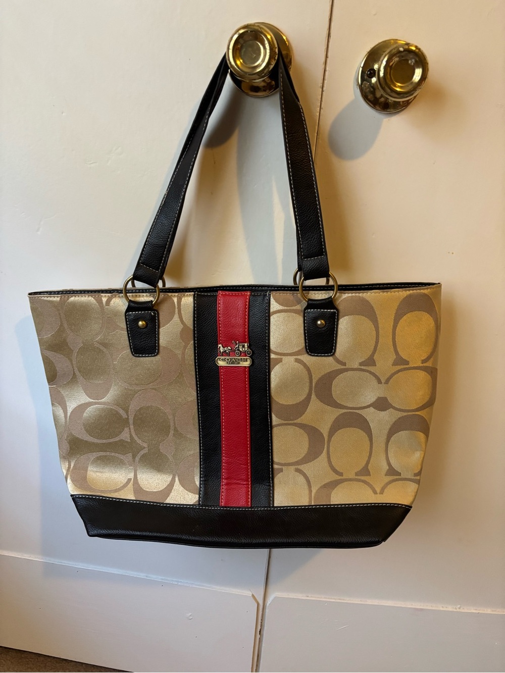 Coach Gold Signature Tote with Red and Black Center Stripe